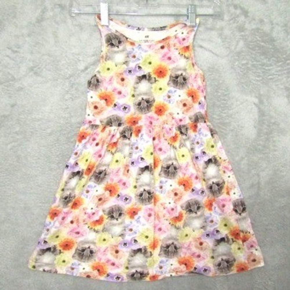 H&M Girls Dress 6X 7 Cat Floral Print Sleeveless Fit & Flare 100% Cotton